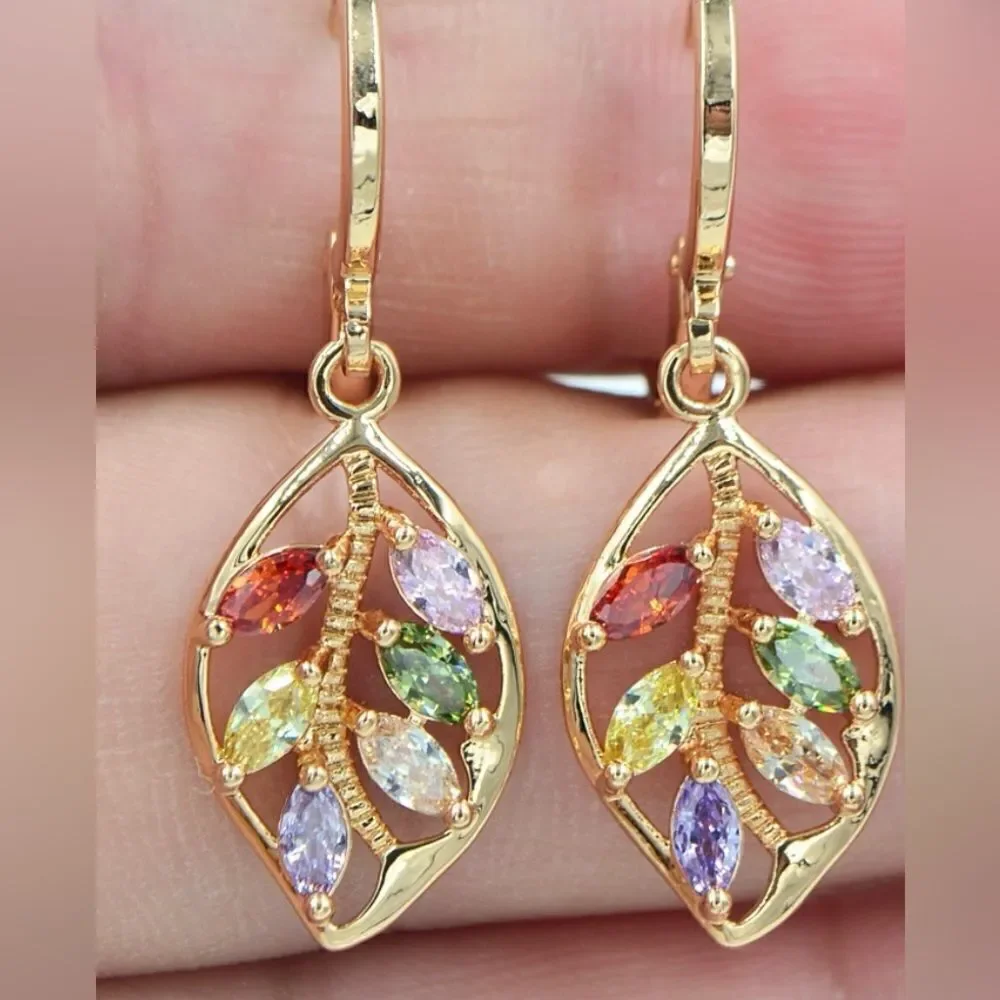 Vintage Style Golden Leaf Earrings with Multiple Colored Stones Grandmac